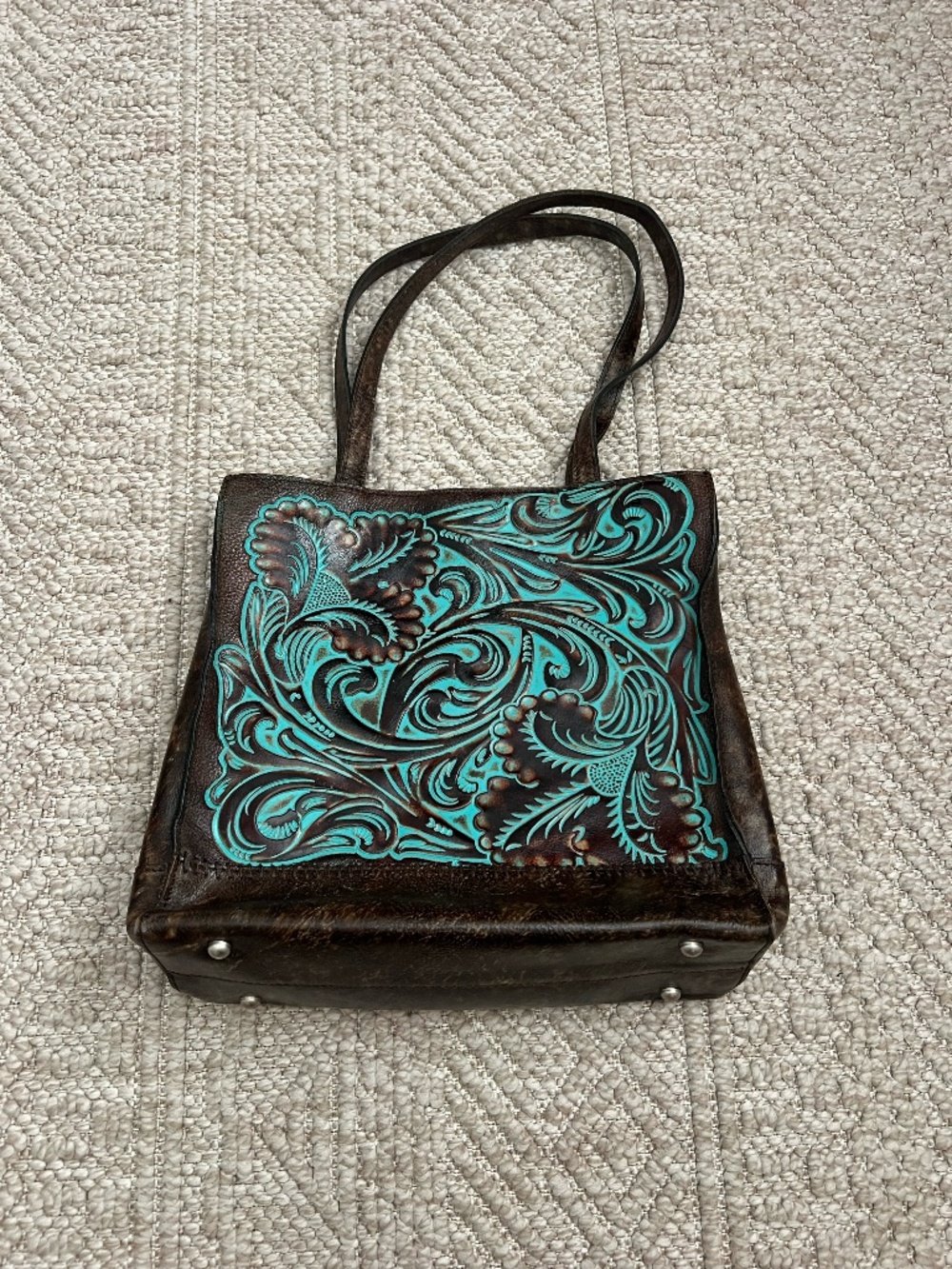Patricia Nash Hand-Tooled Turquoise Floral Leather Tote
